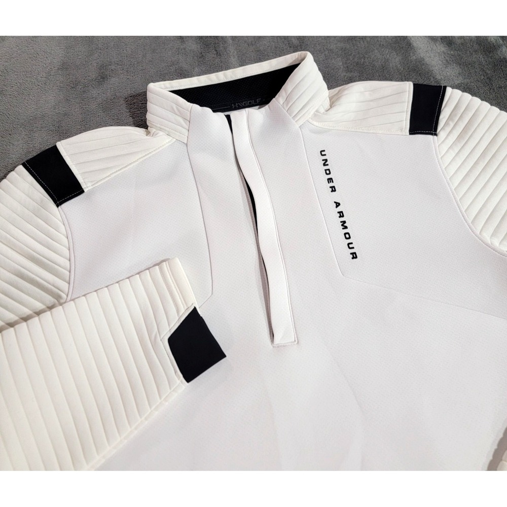 Under Armour Golf Pullover Men M Cream UA Storm Daytona Half Zip Stretch Outdoor